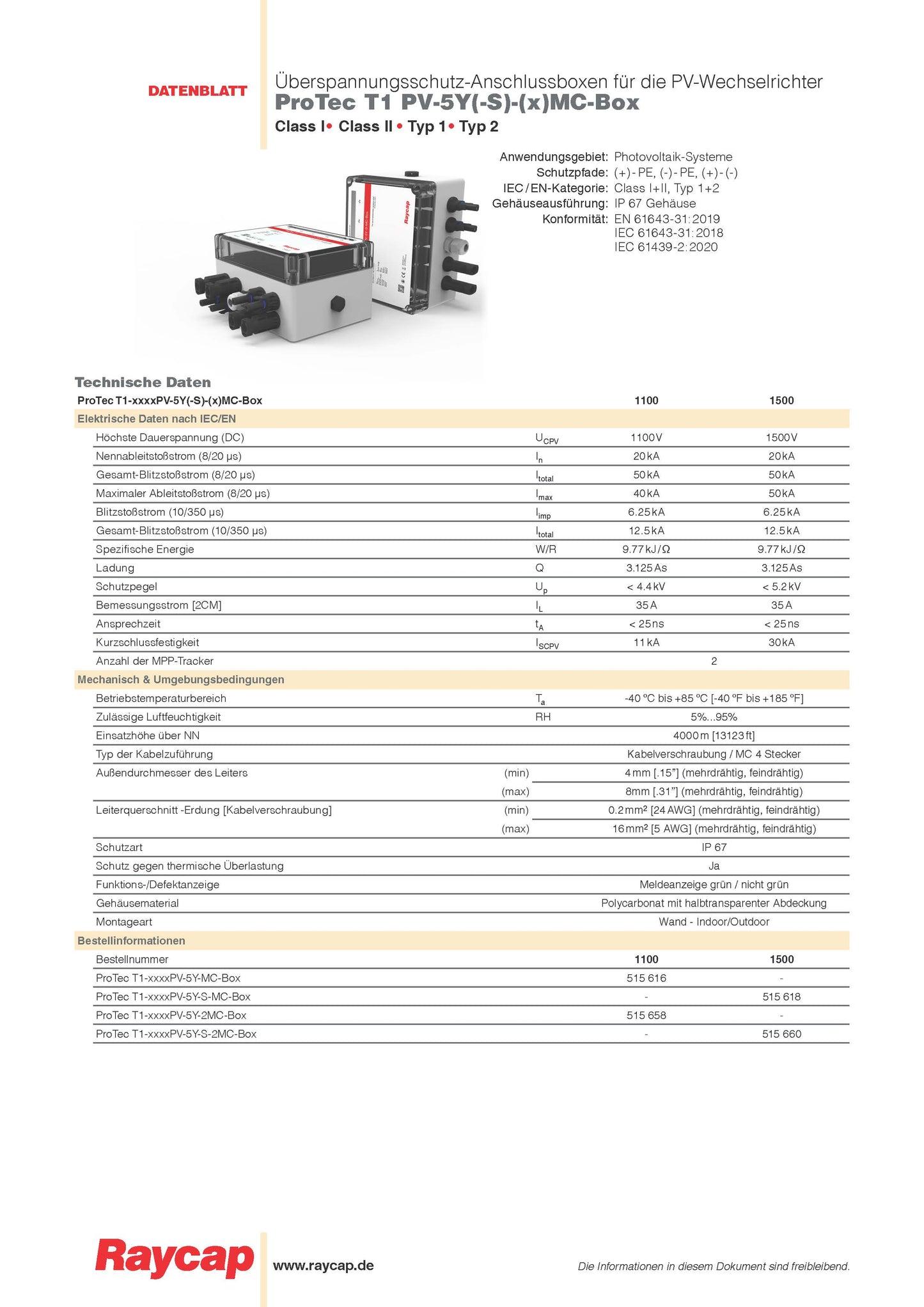 Raycap Überspannungsschutz DC Typ I+II 2 MPPT, MC4